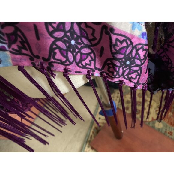 Vintage Elaine Gold for Collection XIIX Purple Patchwork Fringed Sheer Art Scarf - Picture 12 of 13